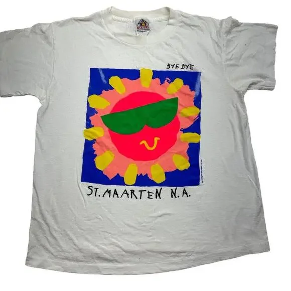 Vintage T Shirt Neon St Maarten NA Fluorescent 1990 Bye Bye Medium - Picture 1 of 10